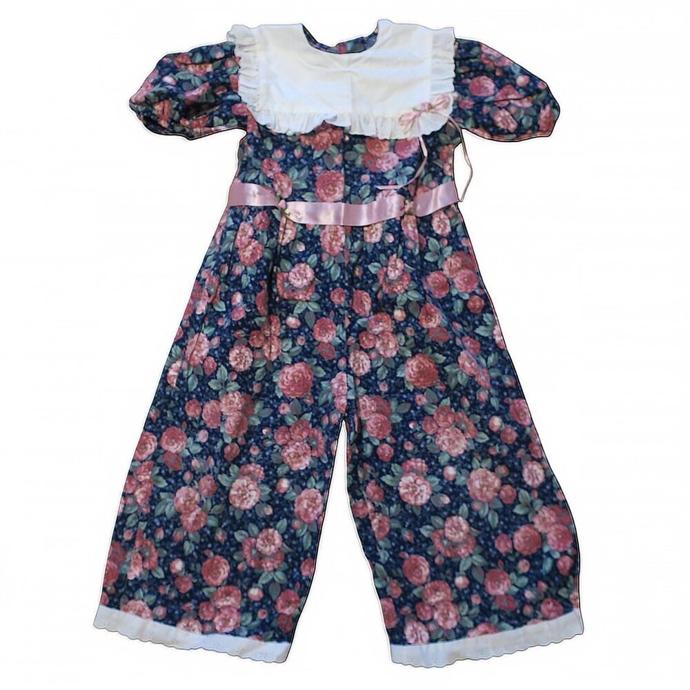 Vintage Cottagecore One-Piece Floral Cotton Romper 4T Short Sleeve Collar Bow